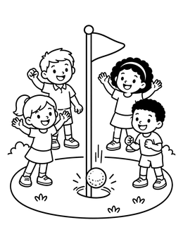 Children cheering around the cup in this fun golf coloring page.