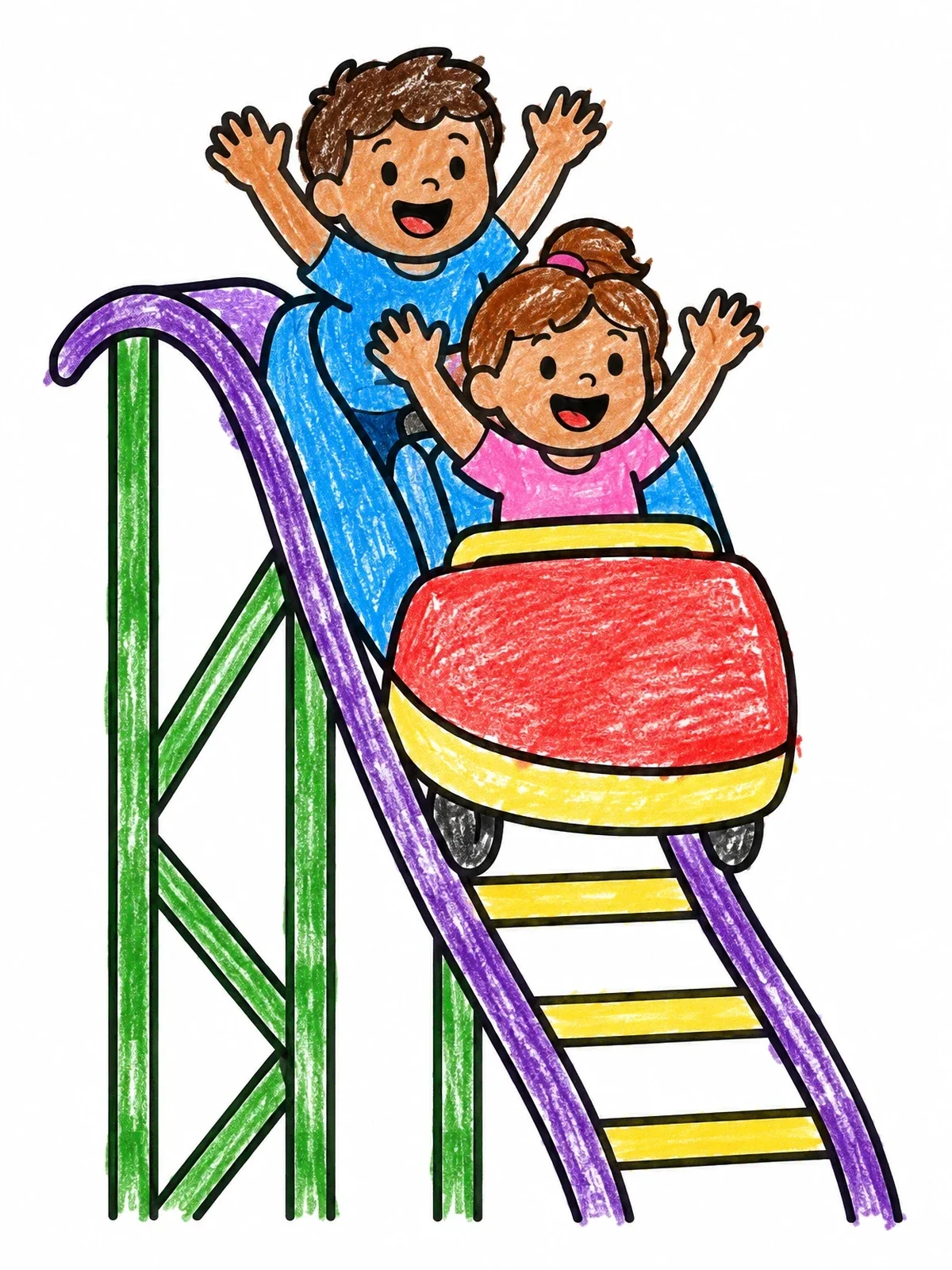 Colored example of the Happy Kids On A Roller Coaster coloring page