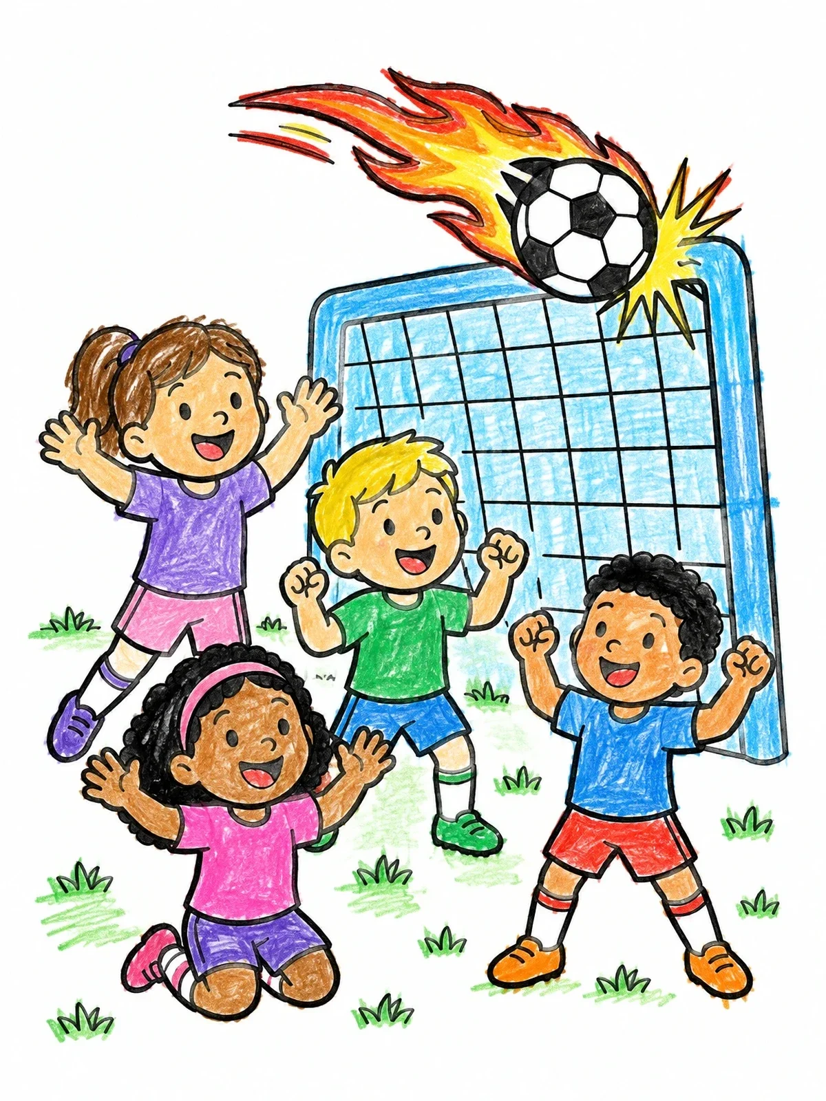 Colored example of the Kids Celebrating A Goal coloring page