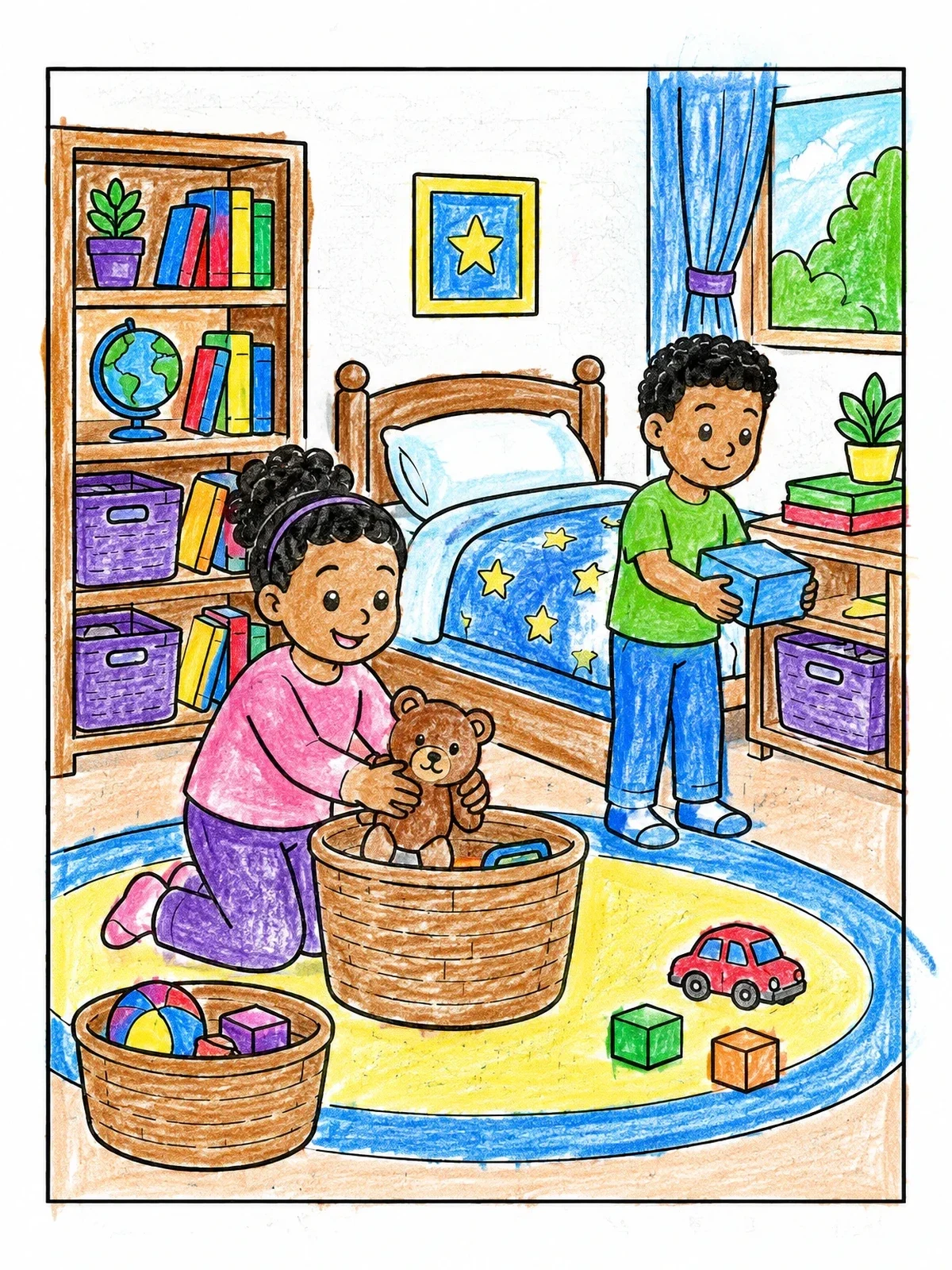Colored example of the Kids Cleaning Their Bedroom Together coloring page