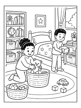Free printable Kids Cleaning Their Bedroom Together coloring page