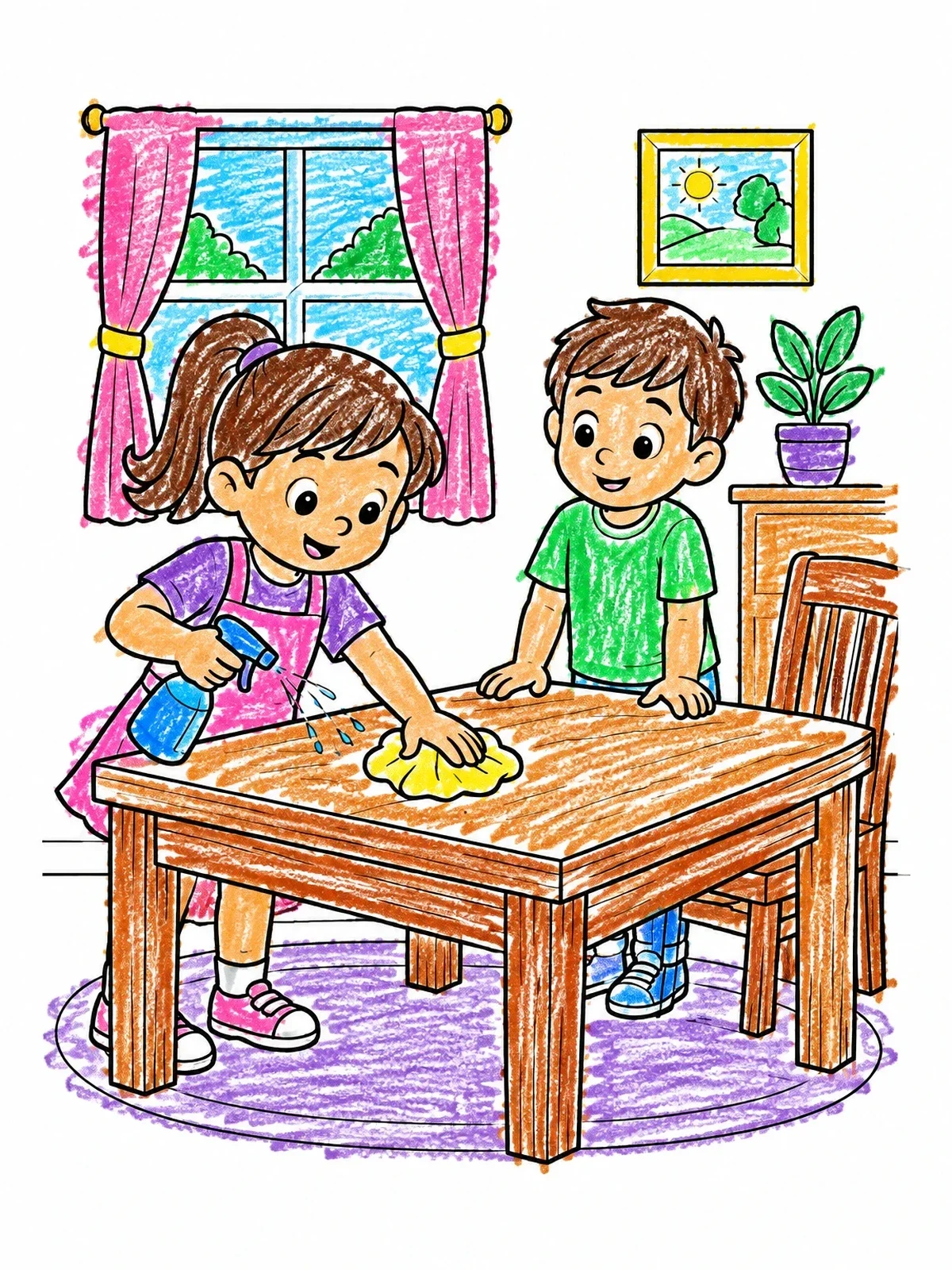 Colored example of the Children Cleaning The Table Together coloring page