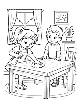 Free printable Children Cleaning The Table Together coloring page