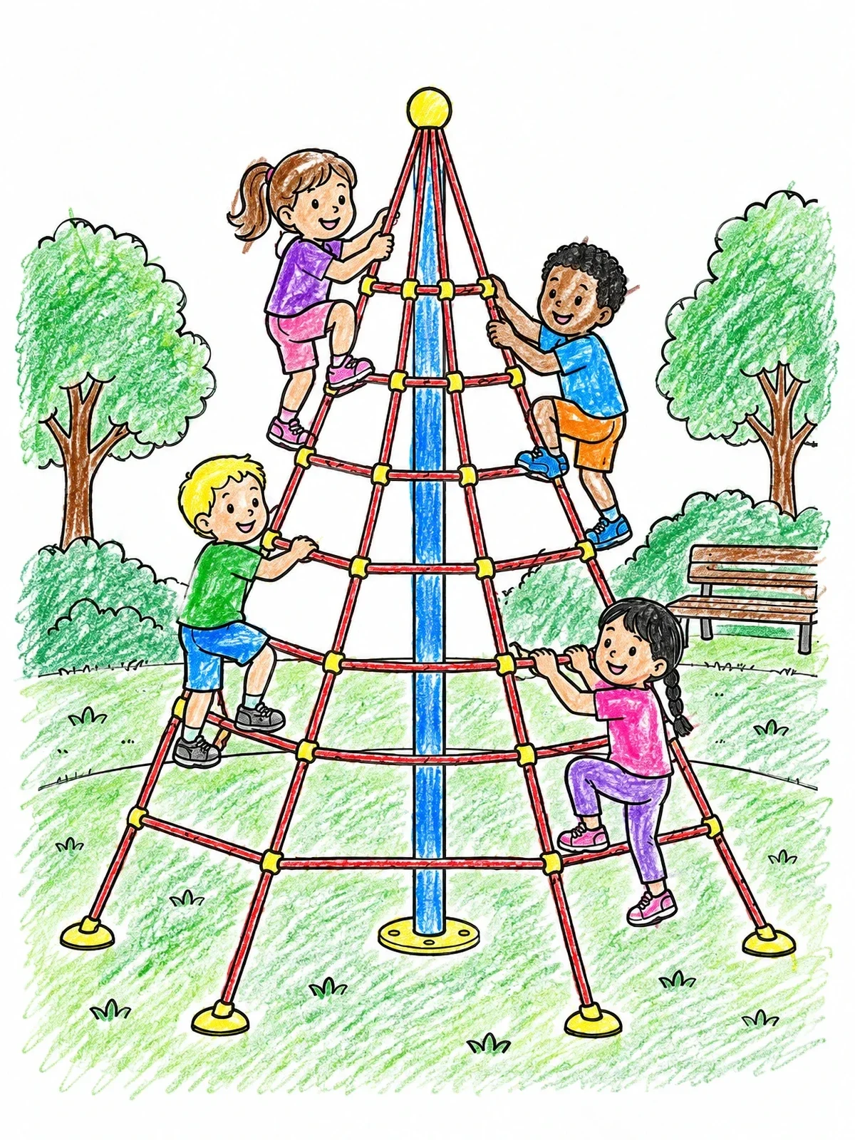 Colored example of the Children Climbing The Rope Pyramid coloring page
