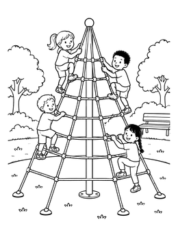 Kids play on a climbing cone in this playground coloring page.