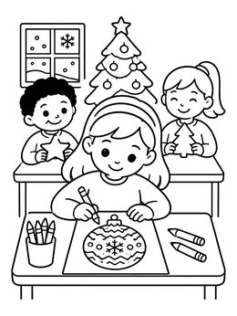 Free printable Children Decorating Holiday Ornaments In Class coloring page