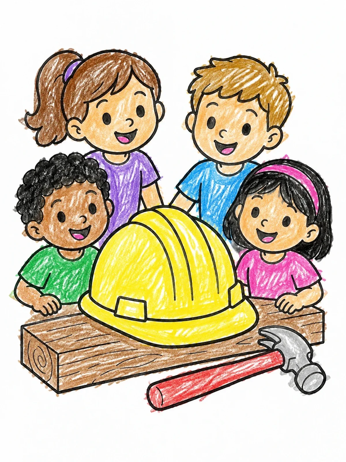 Colored example of the Children Looking At Hard Hat coloring page