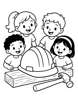 Kids gather around a workbench in this fun hat coloring page.