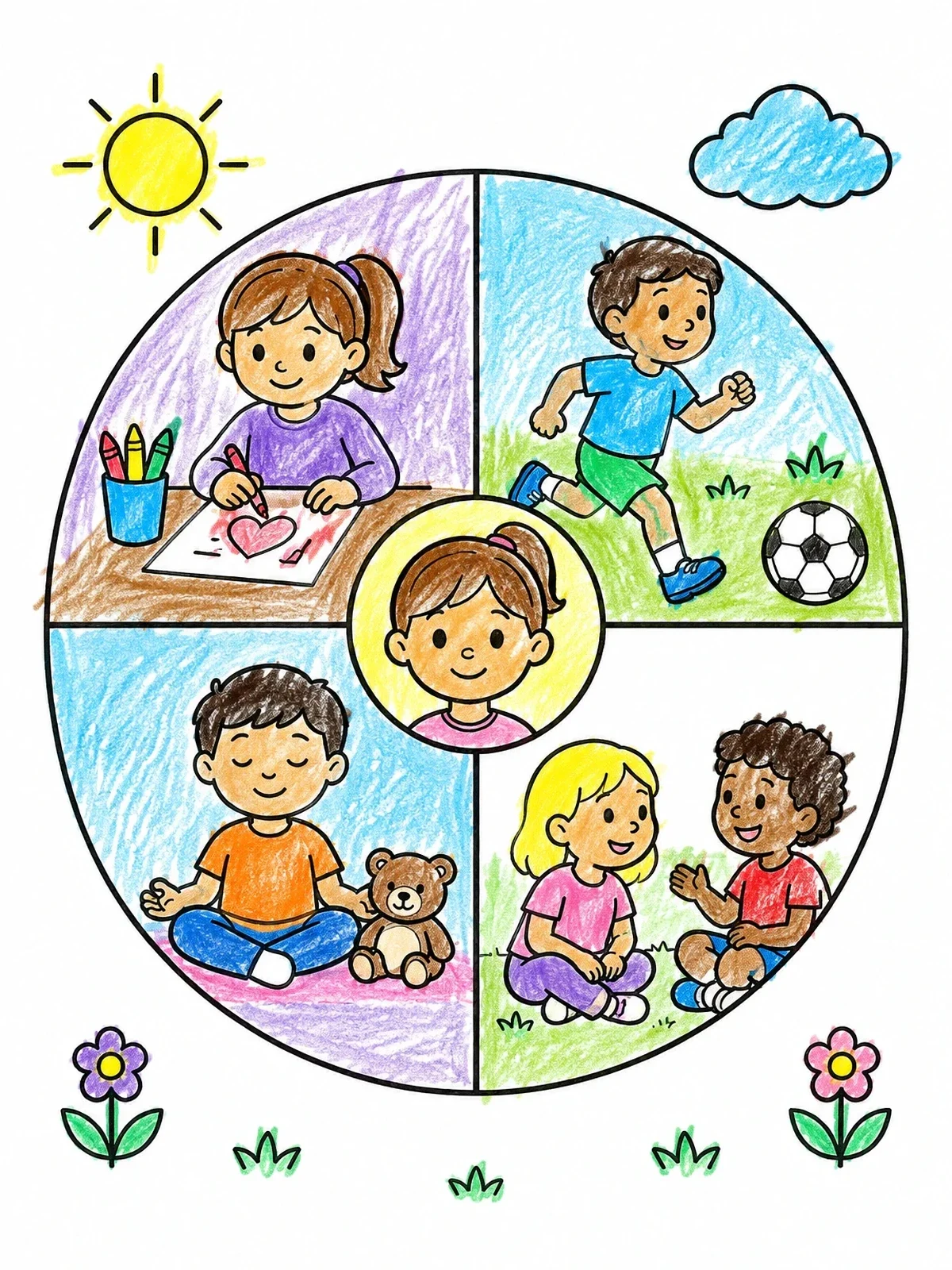 Colored example of the Kids Coping Skills Activity Wheel coloring page