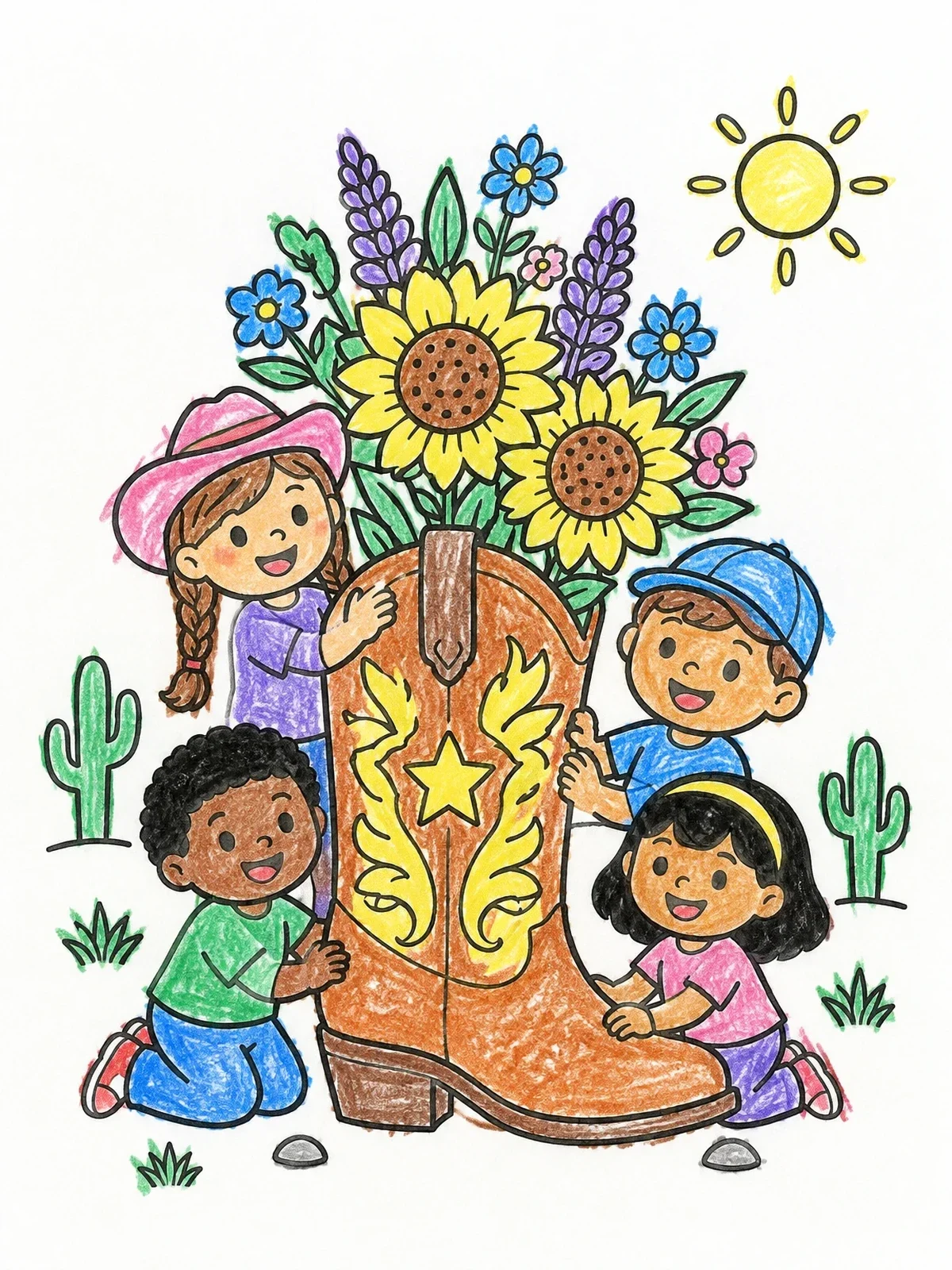 Colored example of the Children Around A Flower Cowboy Boot coloring page