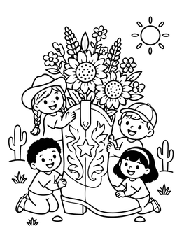 Free printable Children Around A Flower Cowboy Boot coloring page