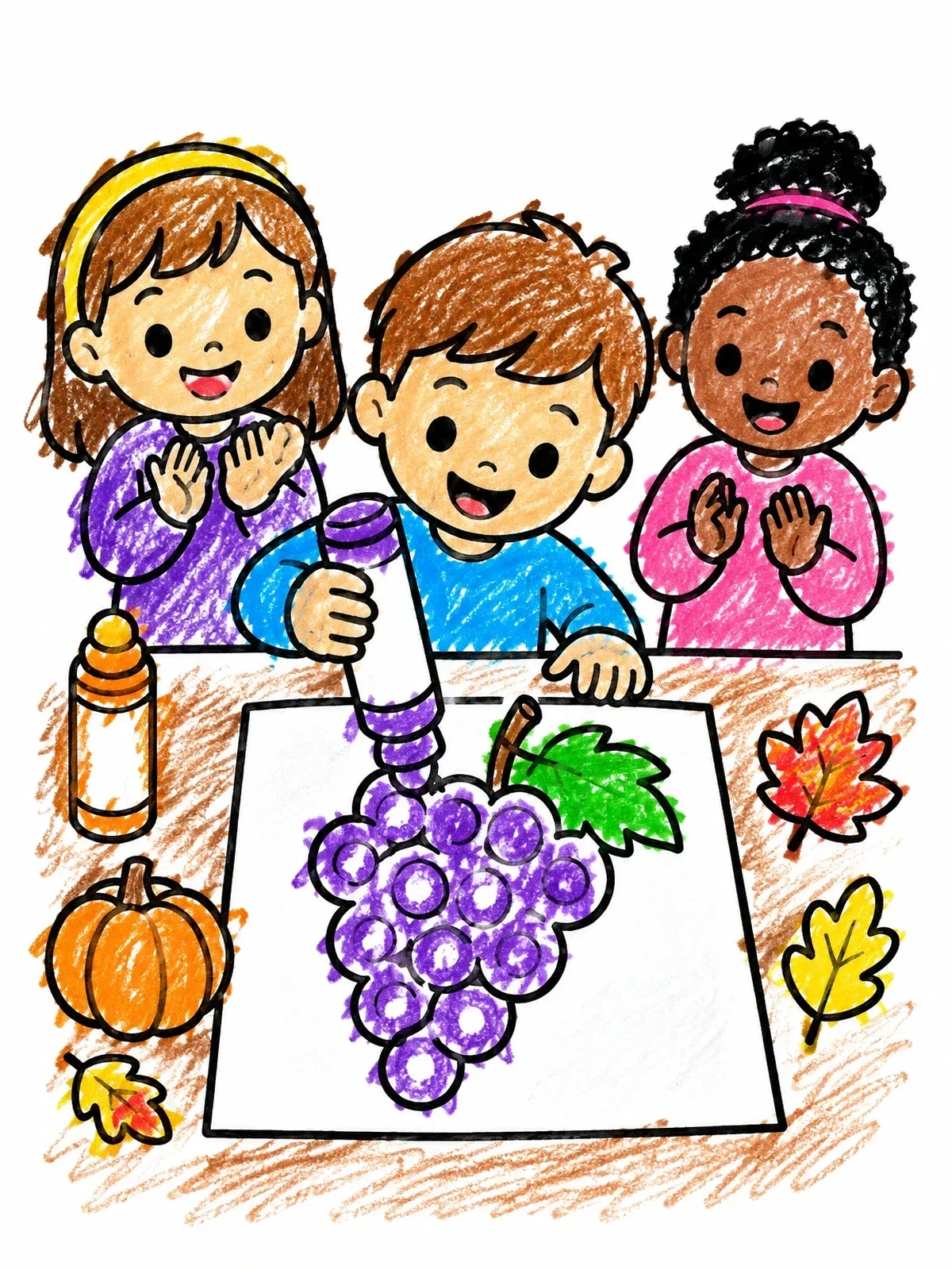 Colored example of the Children Decorating Autumn Grapes Together coloring page