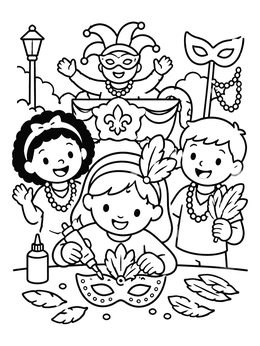 Kids crafting festive masks in this Mardi Gras coloring page.