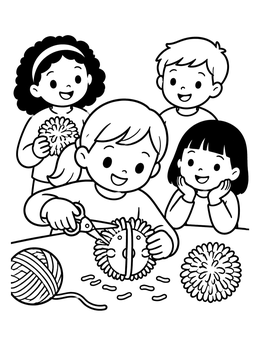 Children Crafting Fluffy Pom-Poms coloring page