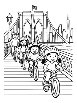 Free printable Kids Cycling On Brooklyn Bridge coloring page