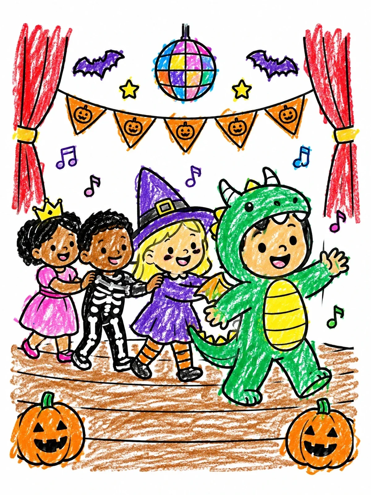Colored example of the Kids Dancing In Halloween Costumes coloring page