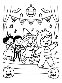 Free printable Kids Dancing In Halloween Costumes coloring page