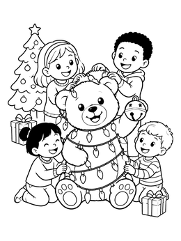 A cheerful christmas bear coloring page with kids wrapping it in holiday string lights.