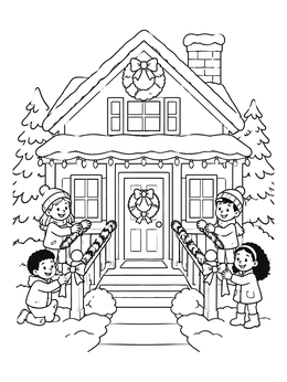 Free printable Children Decorating The Front Porch coloring page