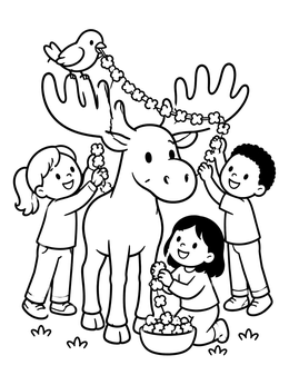 Happy children and a bird decorating antlers in this christmas moose coloring page.