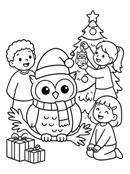 Kids by a tree in this christmas owl coloring page.