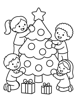Free printable Children Decorating Christmas Tree Together coloring page