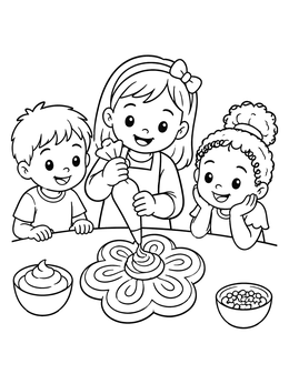 Children decorate a flower pastry in this cheerful cookie coloring page.