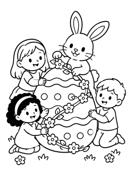 Kids and a cute rabbit decorate a giant egg on this easter bunny coloring page.
