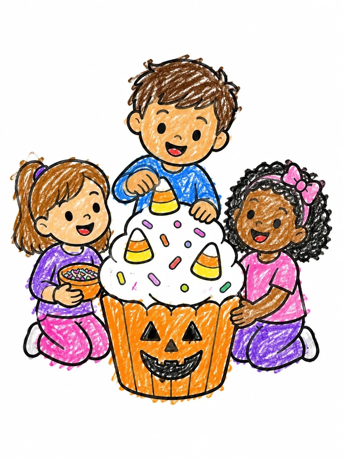 Colored example of the Kids Decorating Giant Halloween Cupcake coloring page