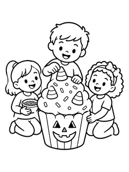 Free printable Kids Decorating Giant Halloween Cupcake coloring page