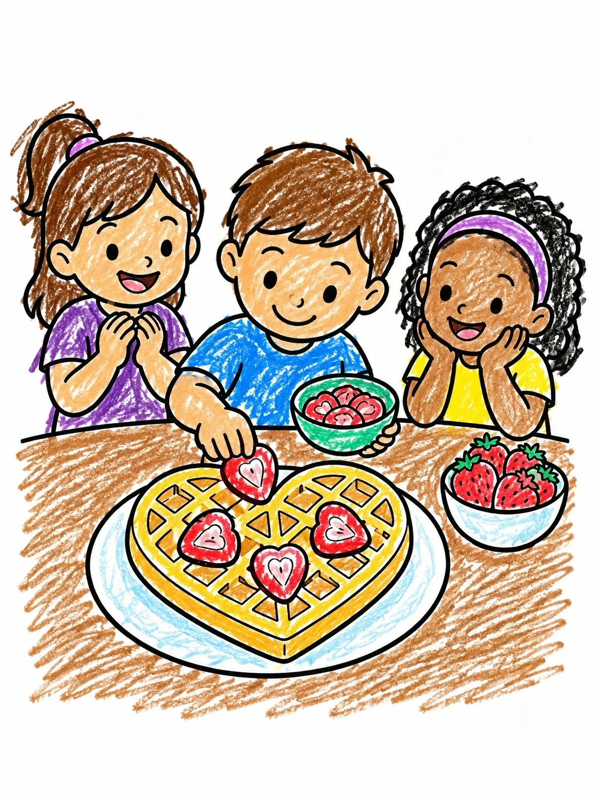 Colored example of the Kids Decorating A Heart Waffle coloring page
