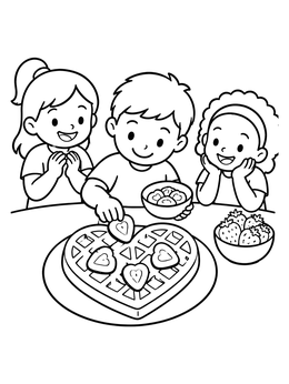 Free printable Kids Decorating A Heart Waffle coloring page