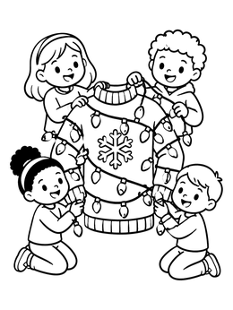 Children holding a holiday ugly sweater coloring page decorated with tangled glowing lights.