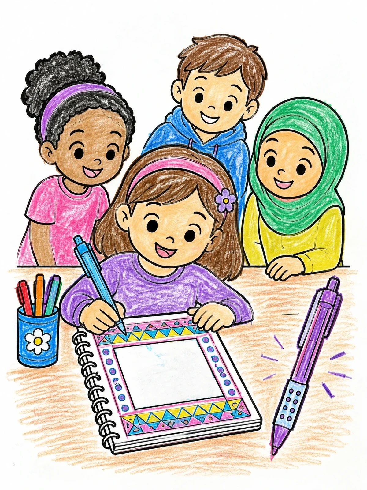 Colored example of the Kids Drawing With Gel Pens coloring page