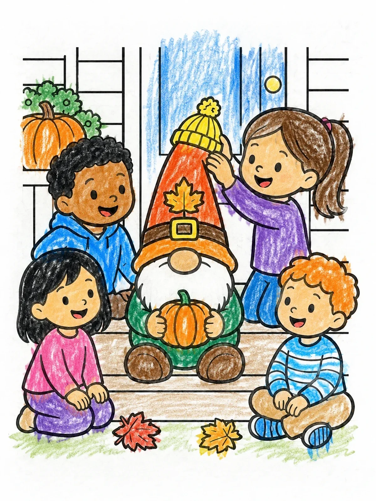 Colored example of the Children Decorating A Porch Gnome coloring page