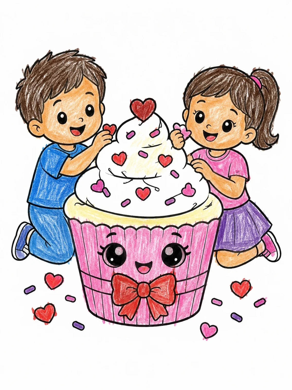 Colored example of the Kids Decorating A Valentine Cupcake coloring page