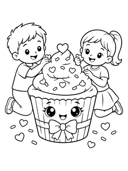 Free printable Kids Decorating A Valentine Cupcake coloring page