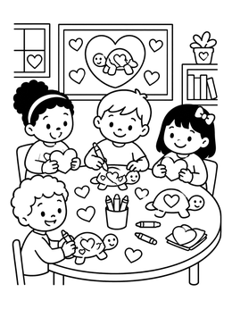 Children craft around a table in this turtle valentine coloring page.