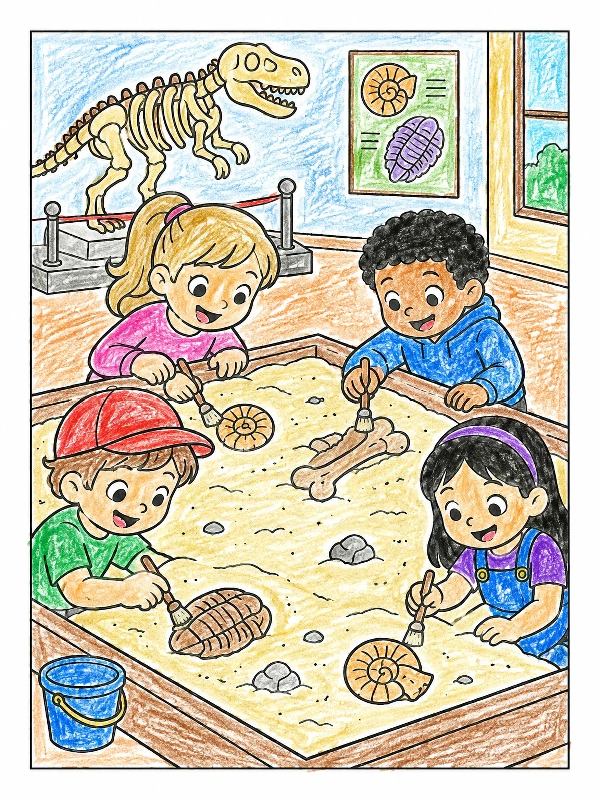 Colored example of the Kids Digging For Museum Fossils coloring page