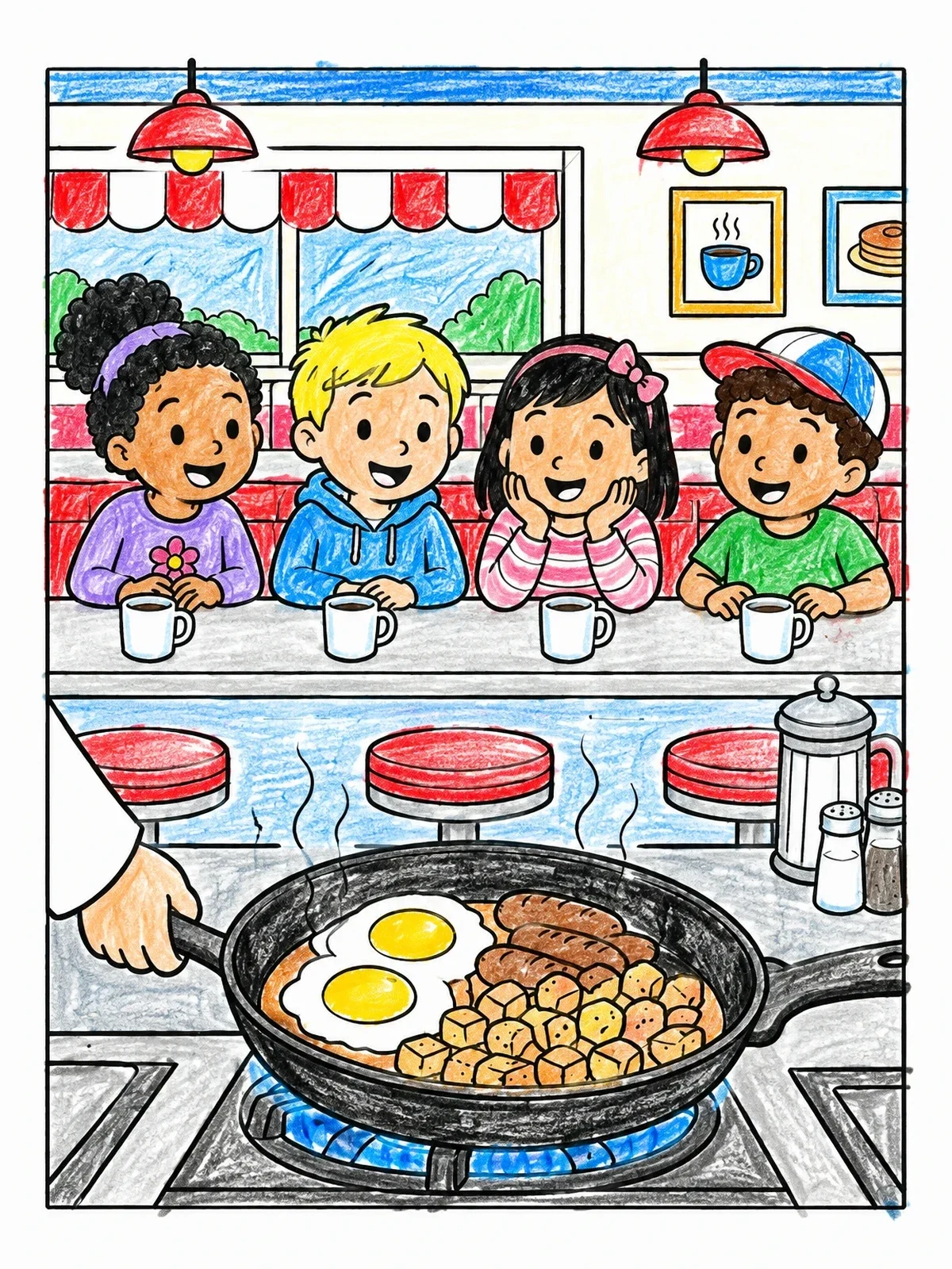Colored example of the Kids At The Diner Breakfast Counter coloring page