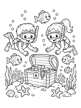 Free printable Kids Diving By A Sunken Treasure Chest coloring page