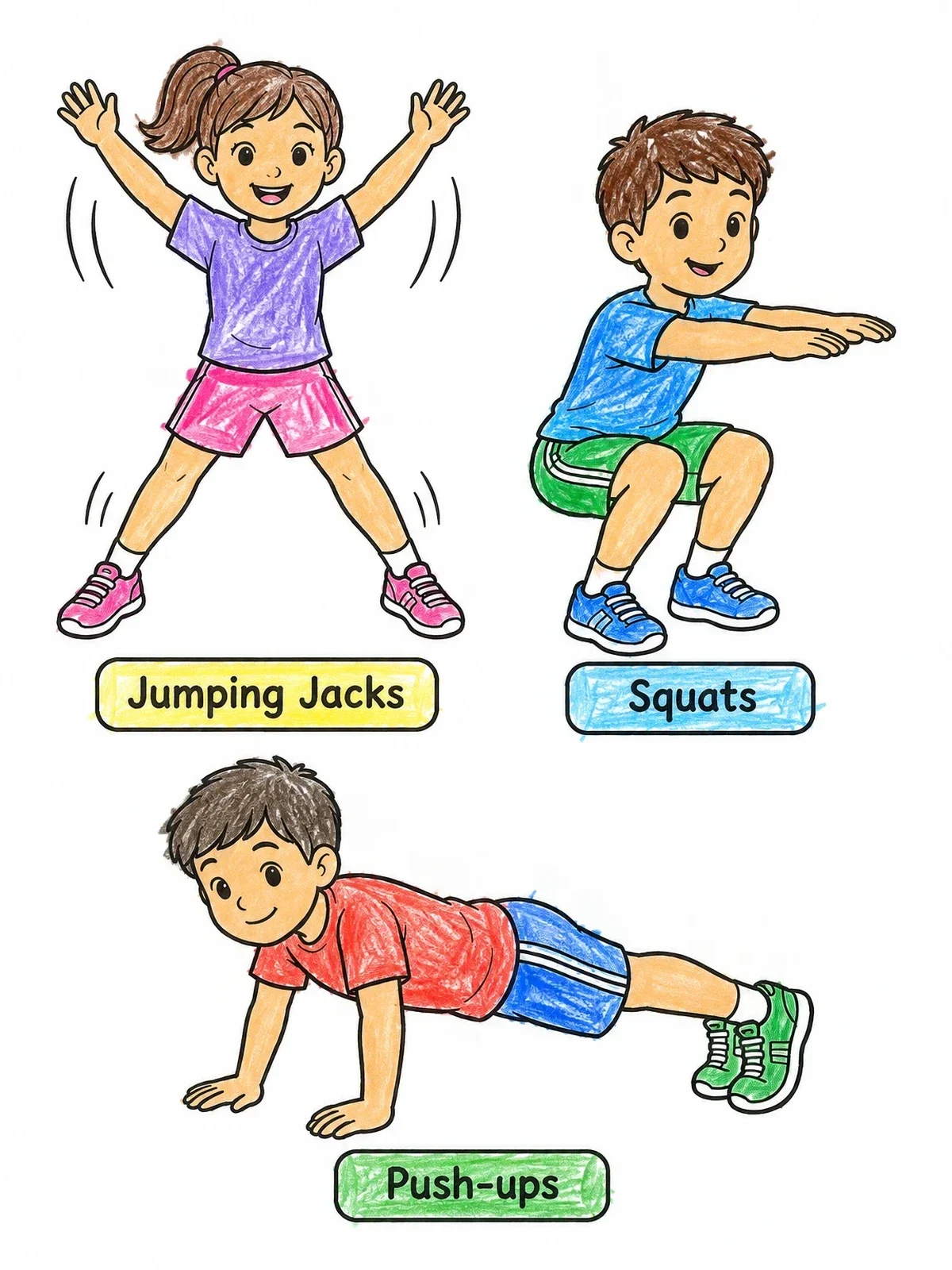Colored example of the Kids Doing Fitness Exercises coloring page