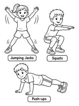 Kids workout exercise coloring page showing jumping jacks, squats, and push-ups.