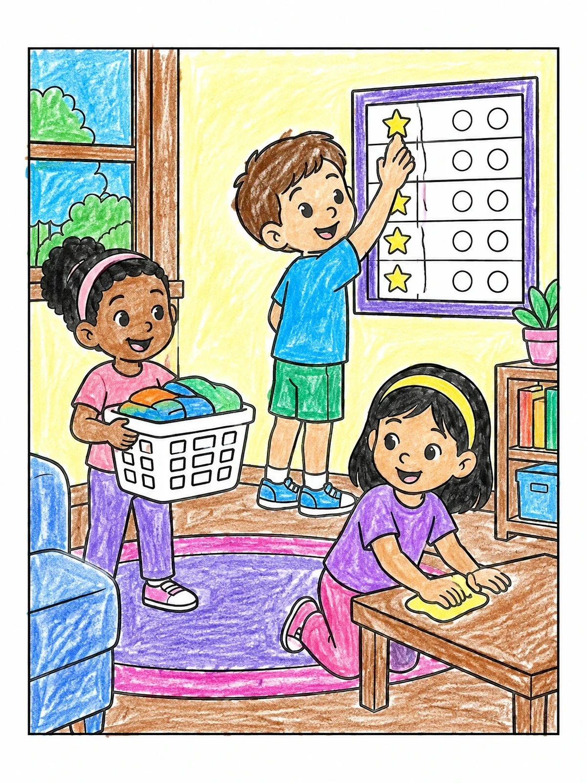 Colored example of the Kids Doing Household Chores Together coloring page