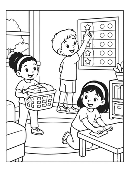 Free printable Kids Doing Household Chores Together coloring page