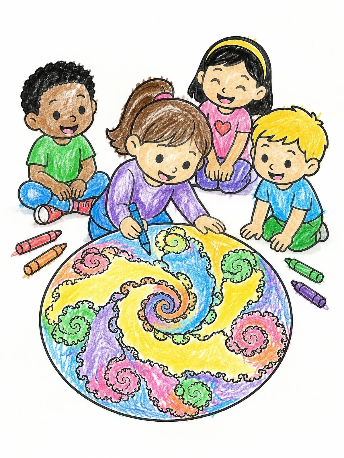 Colored example of the Children Drawing A Spiral Fractal coloring page