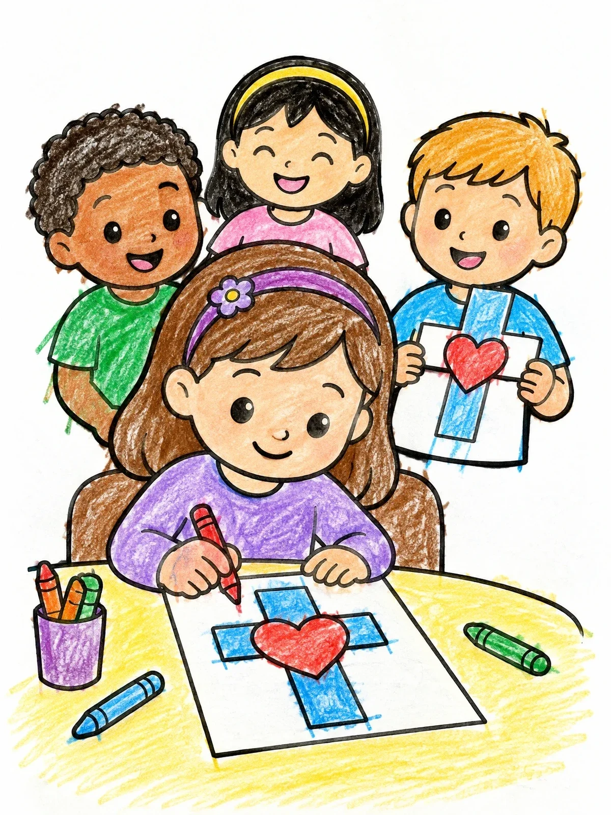 Colored example of the Children Drawing Cross And Heart Crafts coloring page