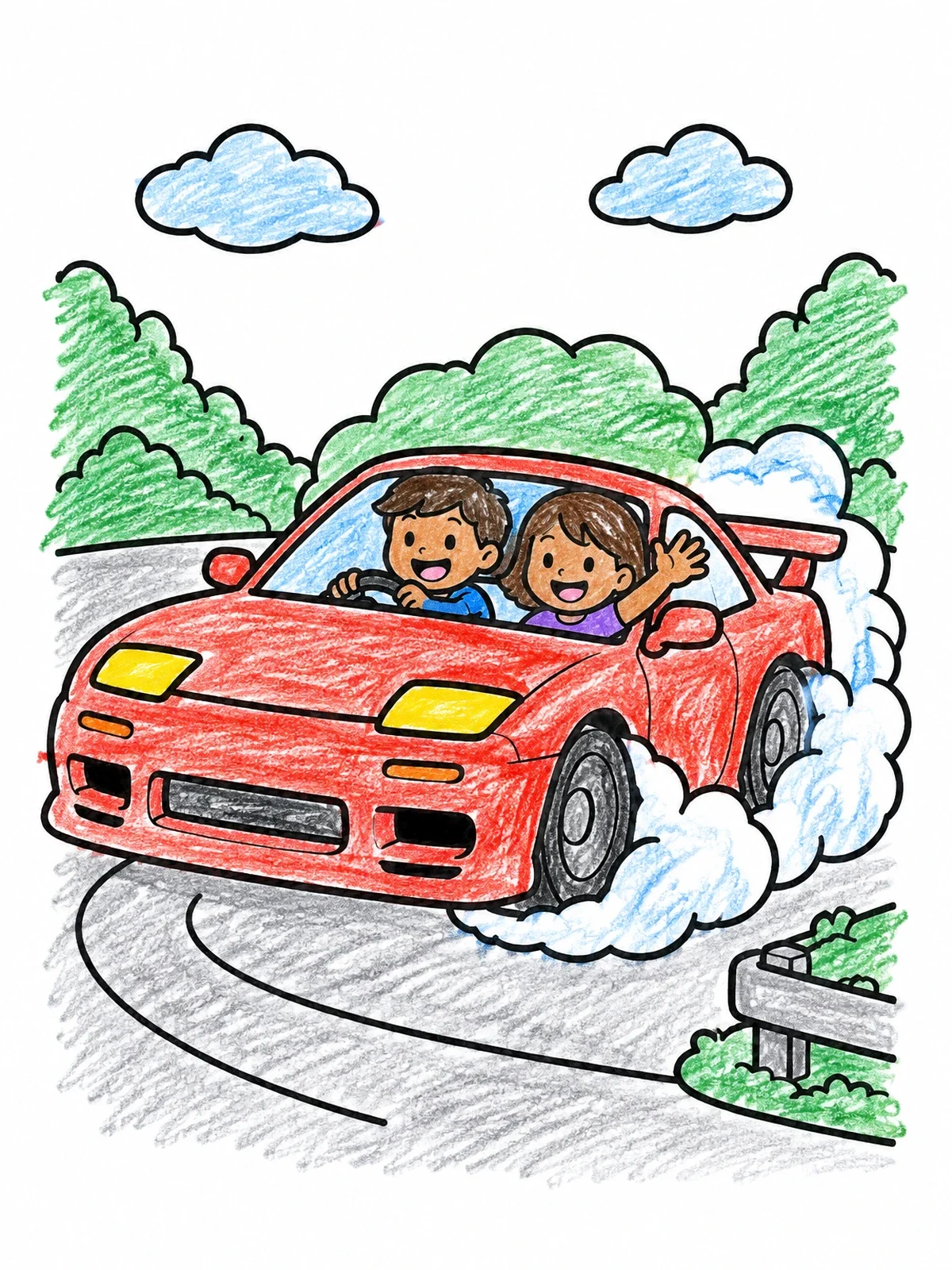 Colored example of the Kids Drifting In Sports Car coloring page