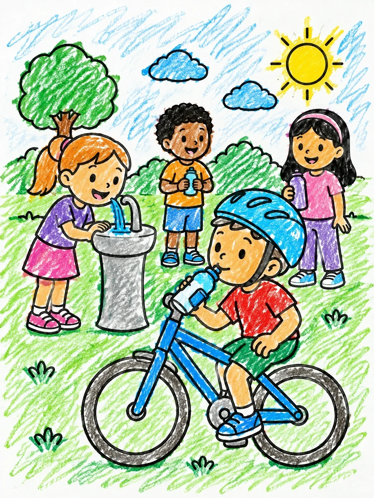 Colored example of the Kids Drinking Water In The Park coloring page