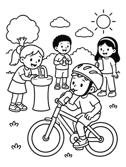 A cheerful drinking water coloring page showing kids hydrating outdoors.